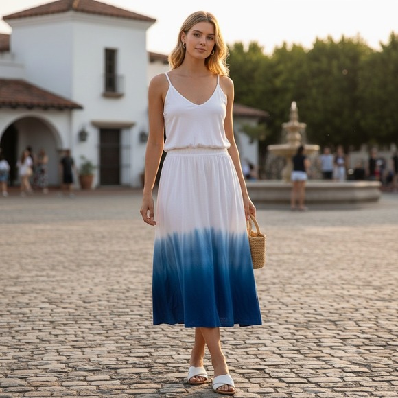 bebe Dresses & Skirts - Bebe Womens White Blue Ombre Dip Dye Open Back Midi Dress Small SKU232739